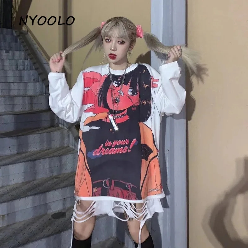 NYOOLO японский Harajuku Винтаж мультфильм аниме девушка печати футболка осень уличная свободная футболка с длинными рукавами для женщин и мужчин Топ