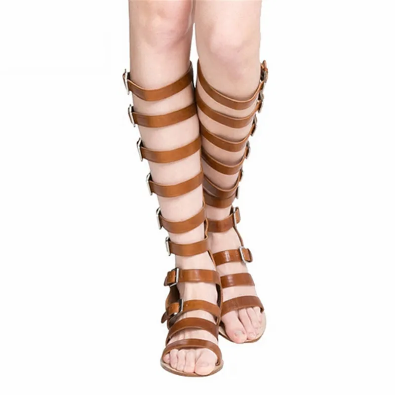 

2021 New Women Summer Boots Genuine Leather Straps Low Heel Gladiator Sandals Hollow Out High Boats Mujer Sandalias Mujer