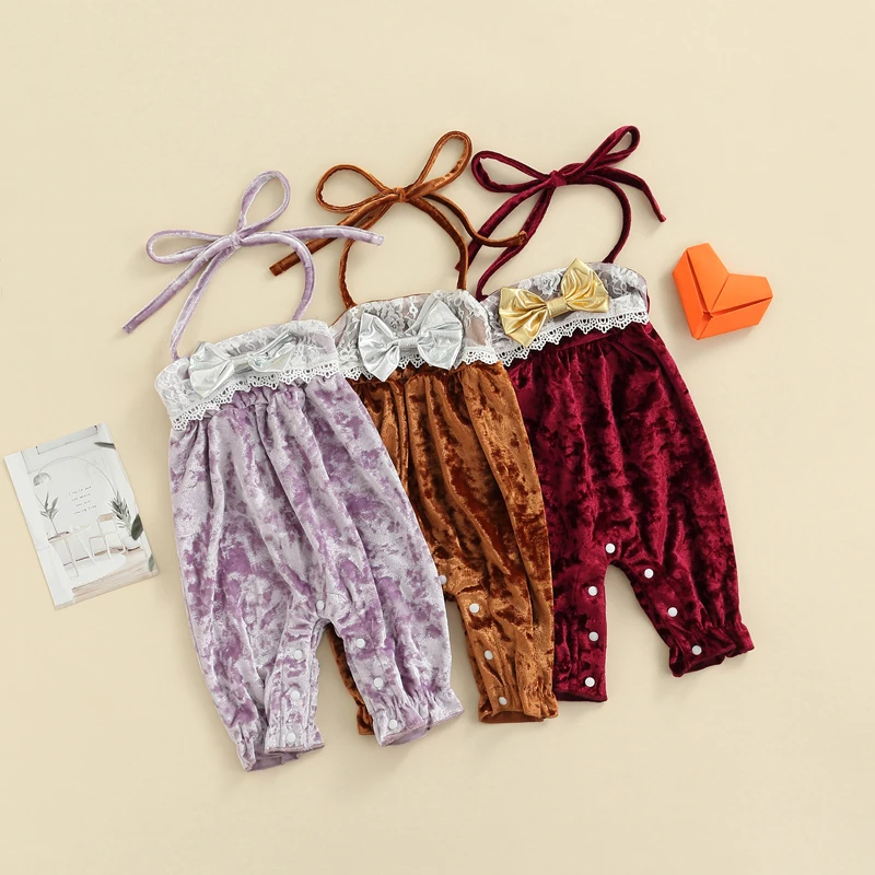 

Pudcoco 0-12M Romper Infant Baby Girl Casual Halter Tie-Up Jumpsuit Fashion Lace Bow Stitching Boat Neck Long Playsuit