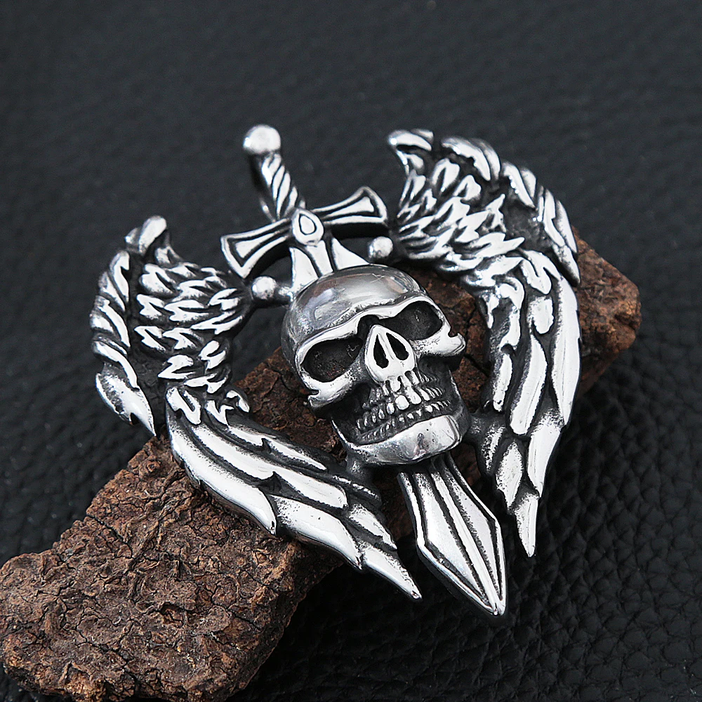 Ожерелье с подвеской в виде черепа и крыла ангела из нержавеющей стали |