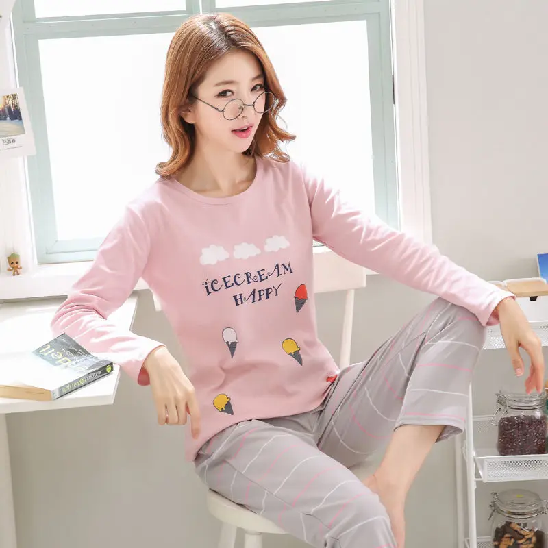 Factory Sale 2019 Women Pajamas Sets Suits Lovely Home Wear Long Sleeve Cotton Pyjamas Comfortable Girl Pijamas Mujer Sleepwear | Женская