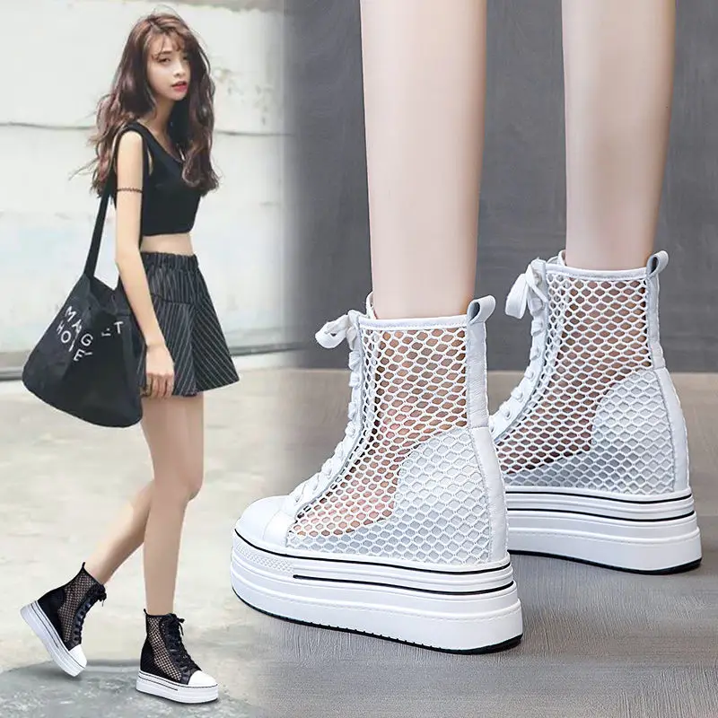 Martens Boots Women's 2021 Spring and Summer New Thin Mesh Breathable Platform Invisible Elevated Women's White Short Boots