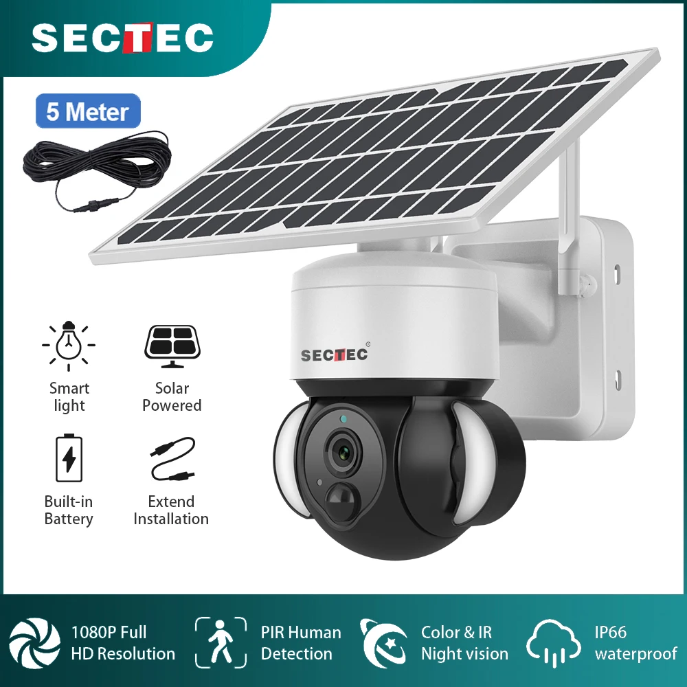 

Наружная беспроводная камера видеонаблюдения SECTEC, 4G SIM /Wi-Fi Облачное садовое освещение на солнечной батарее, охранная камера наблюдения с ак...