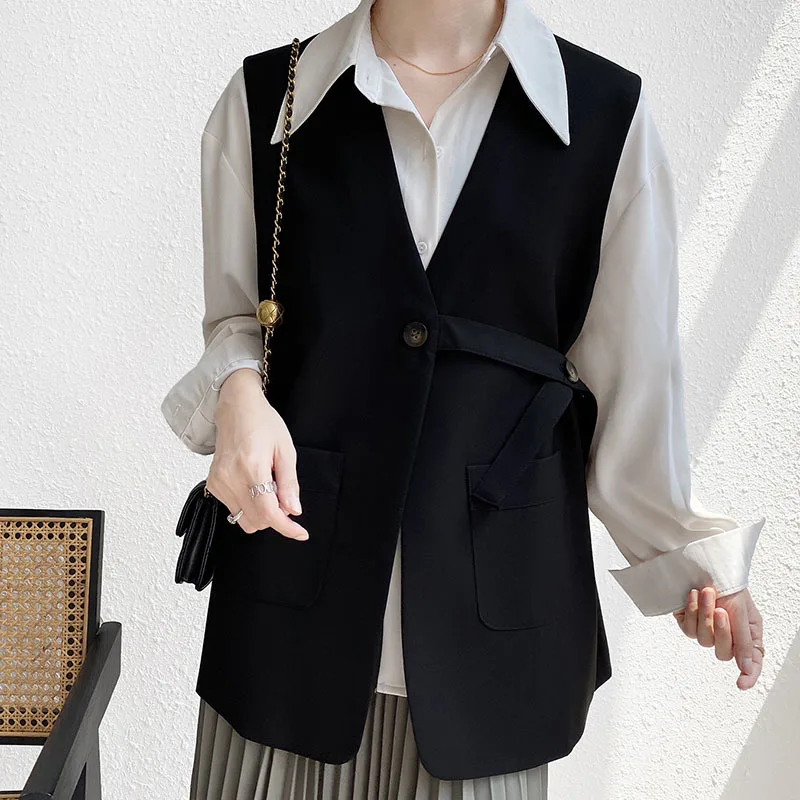 

Unua amo Autumn Vest Women Fashion V-neck Single Button Pocket Waistcoat Veste Femme Loose Fit Casual Sleeveless Suit Outwear