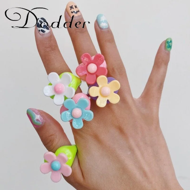 

Винтажные Модные Акриловые Кольца с цветами из смолы для женщин, регулируемые кольца контрастных цветов