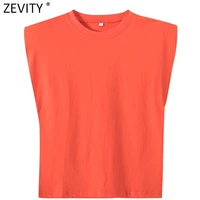 new women fashion solid color shoulder pad casual t shirts female basic o neck sleeveless knitted t shirt chic leisure tops t678