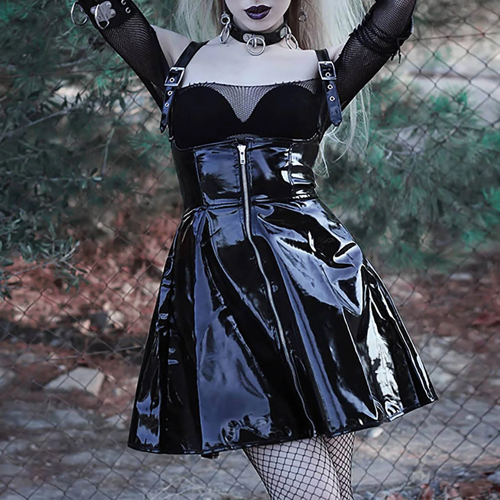 

Ladies Punk Short Skirt With Pvc Suspenders Sexy Dress Fashion Black Leather Mini Skirt Mesh Wrap Breast Dress Women Платье