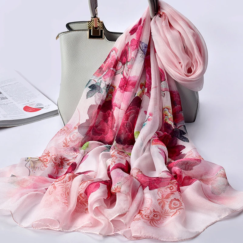 Шарф женский весенний из 100% шелка шифоновые платки с принтом Шелковый платок |
