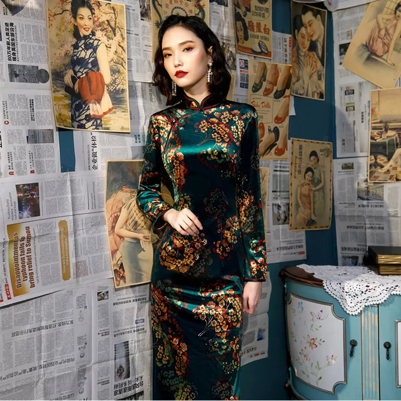 Sheng Coco, большие размеры, L-5XL, длинные платья, платье Чонсам с длинным рукавом, цветочный велюр, китайское платье, Дамский воротник-мандарин, Восточный Qi Pao