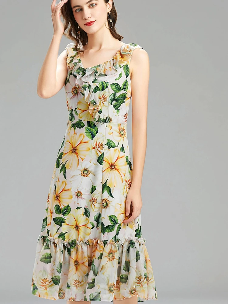 

Fashion Runway Summer Midi Dress Women's Sexy Ruffles V Neck Vintage Floral Printed Holiday Long Dress