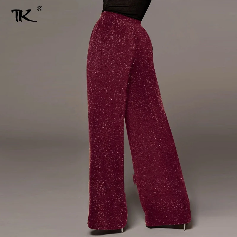 

Women's High Waist Wide Leg Gliter Pants Solid Loose Straight Trousers Office Ladies Casual Elegant For Women Autumn Winter 2021