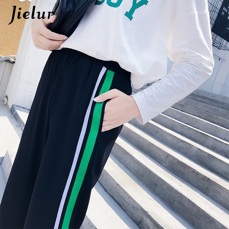 Jielur Autumn Loose Split Casual Korean Women Pants White Red Green Striped Hipster Wide Leg Straight Classic Trousers XXL | Женская