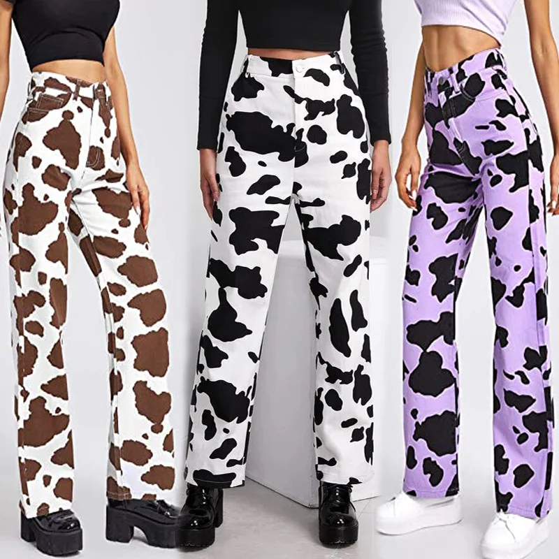 

Fashion Women High Waist Loose Pocket White Cow Printed Jeans Full Length Pants Wide Leg Straight Denim Pants Vaqueros Mujer
