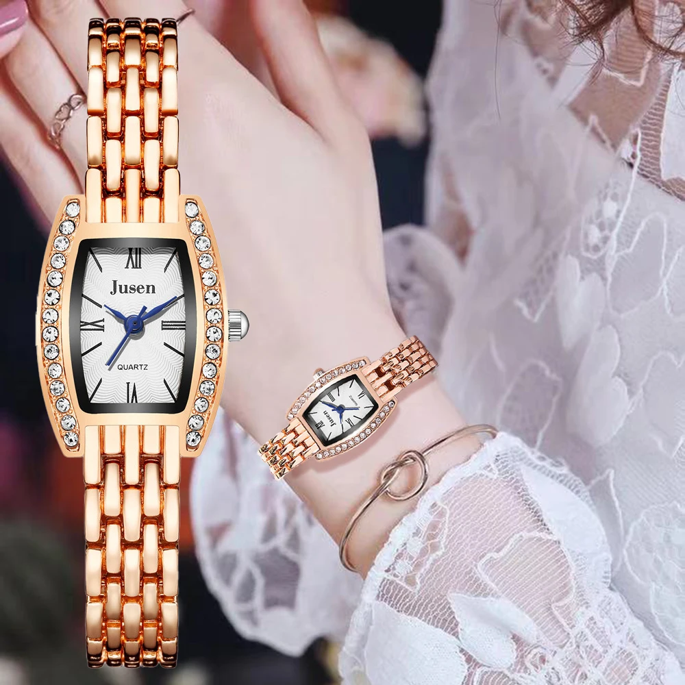

Elegant Rectangle Ladies Fashion Watches Luxury Brand Rose Gold Women Quartz Watch With Blue Pointer Diamond Female Watch Gifts