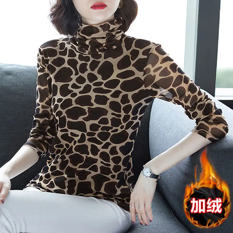 

Blouse Women Leopard Print Long-Sleeved T-shirt Women's Autumn Winter Turtleneck Mesh Top Lace Blusas Mujer De Moda