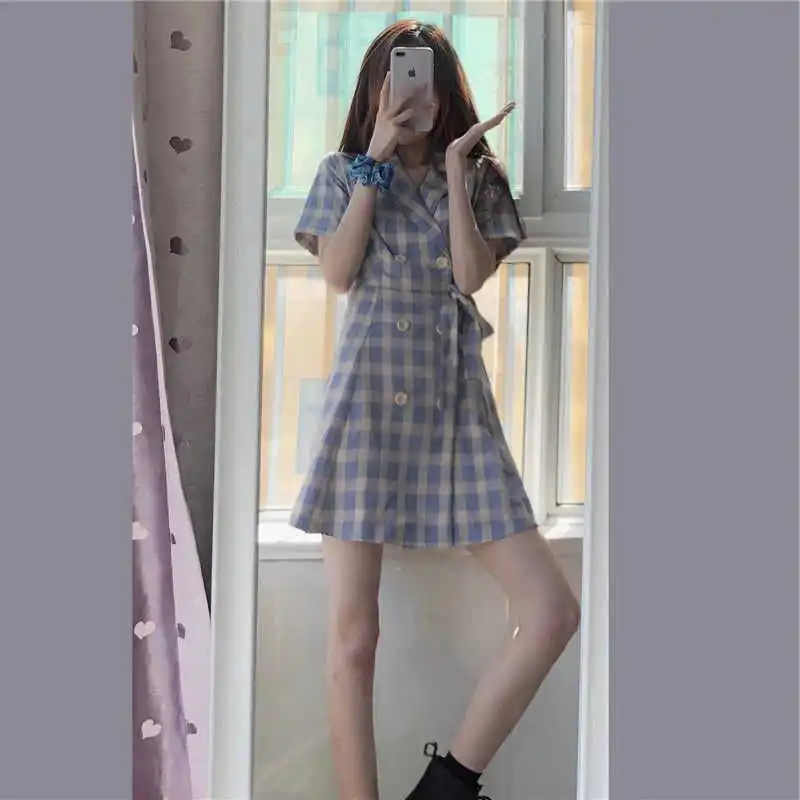 

Tailored Collar Dress Women's Summer 2021 Small Fried Street Waist Slimming Tea Dress Retro Plaid Short Skirt