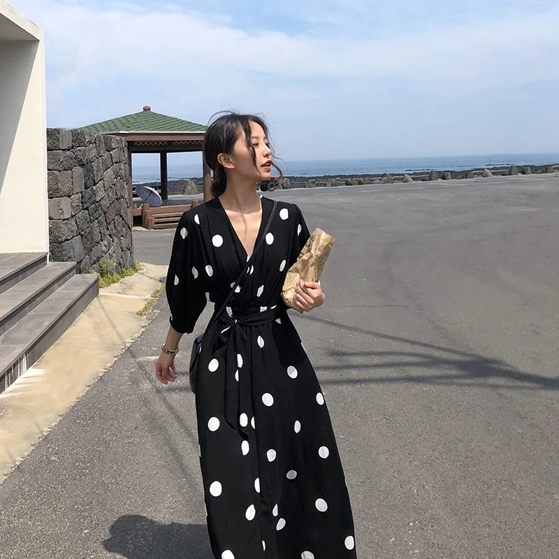 

Nice Nice Pop Summer Maxi Dress Clothes Vintage Slim French Retro Hepburn Wind Black Polka Dot Long Robe Korean Style Vogue