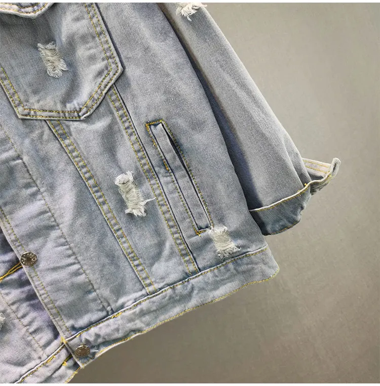 

2021 Spring and Autumn New Loose Large Size Coats Beaded Hole Long-sleeved Denim Turn-down Collar Jacket Female Trend Tide