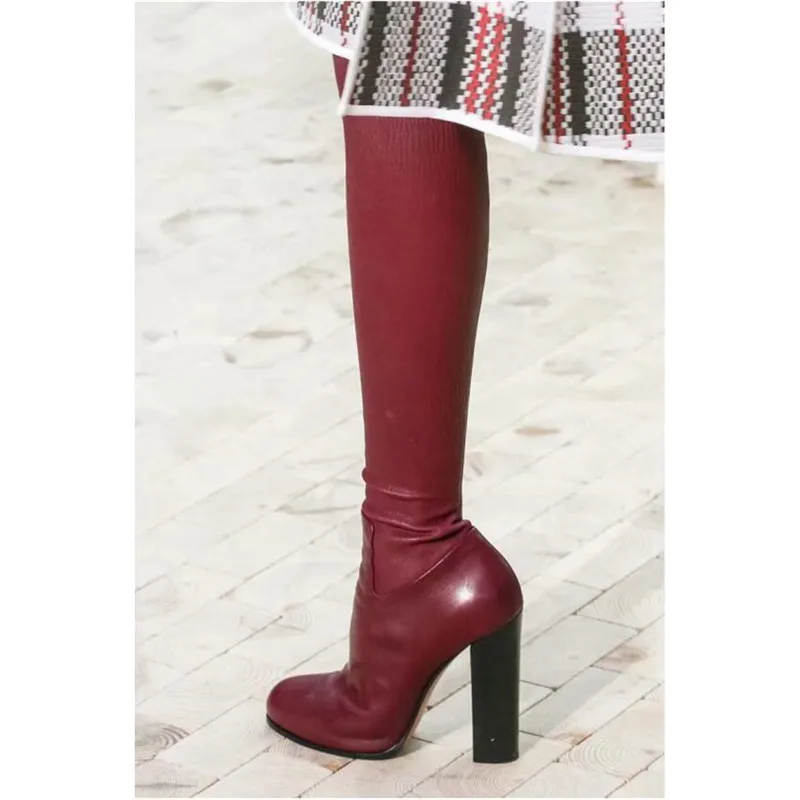 2019 г. женские облегающие высокие сапоги из натуральной кожи на массивном каблуке