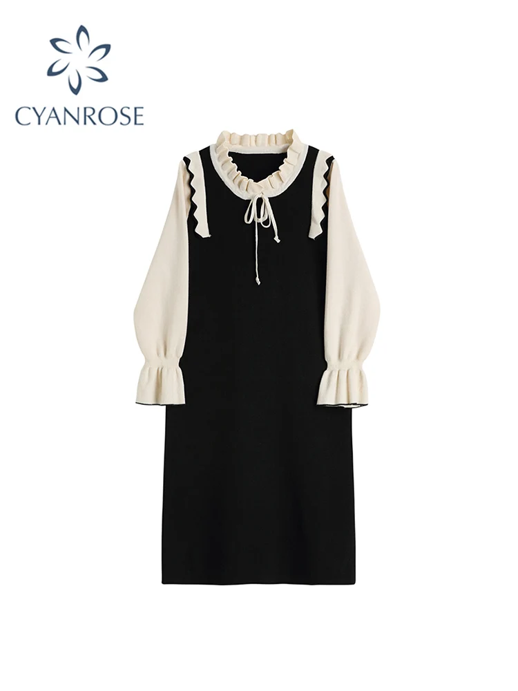 

Vintage Patchwork Women Sweater Dress Female Ruffled O-Neck Bow Long Sleeve Fake Two Pieces Dress Elegant A-line Mid Long Frock