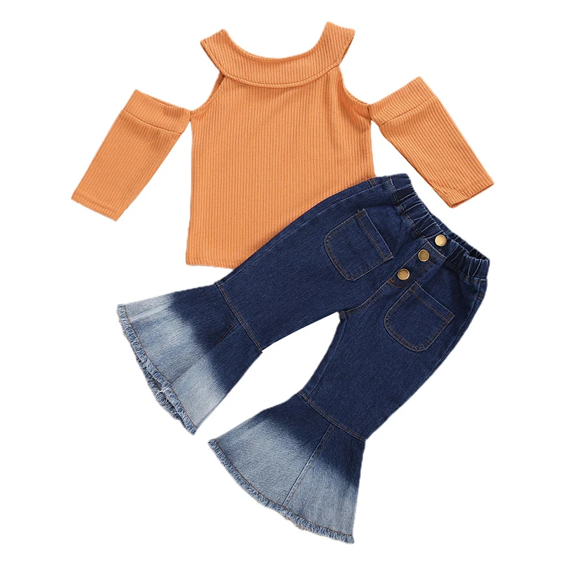 

Kids Clothes Set 2pcs Baby Girl Off-shoulder Knitted Top Denim Flared Pants Simple Solid Color Spring Clothing Suit 2-8 Years