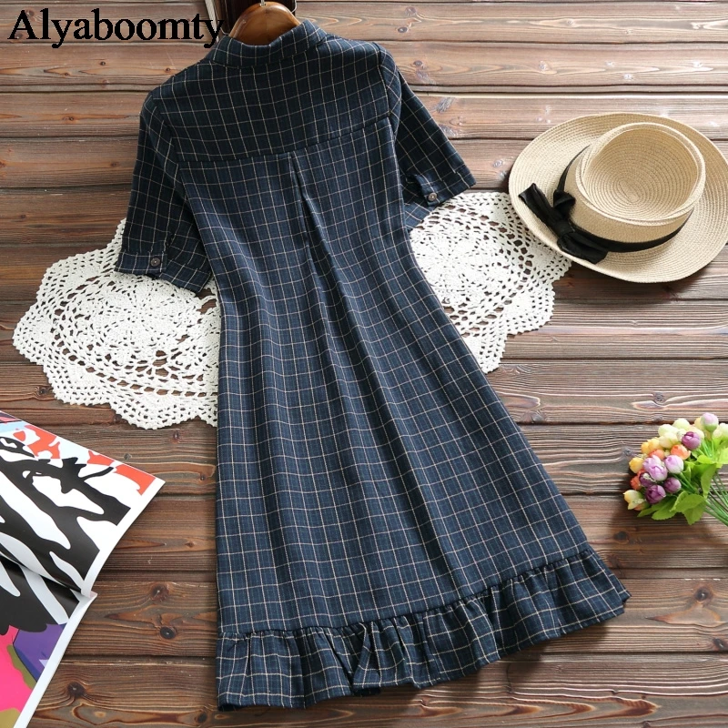 Летнее женское платье-рубашка в японском стиле преппи винтажное клетчатое