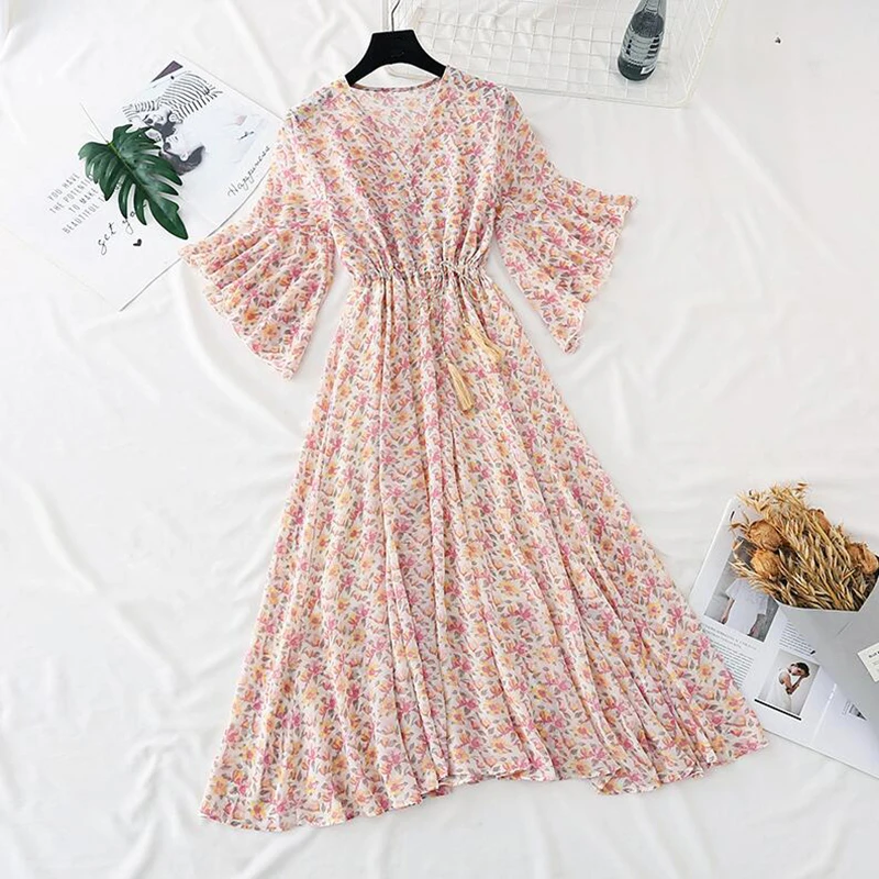 Женское шифоновое платье с цветочным принтом летнее трапециевидной формы