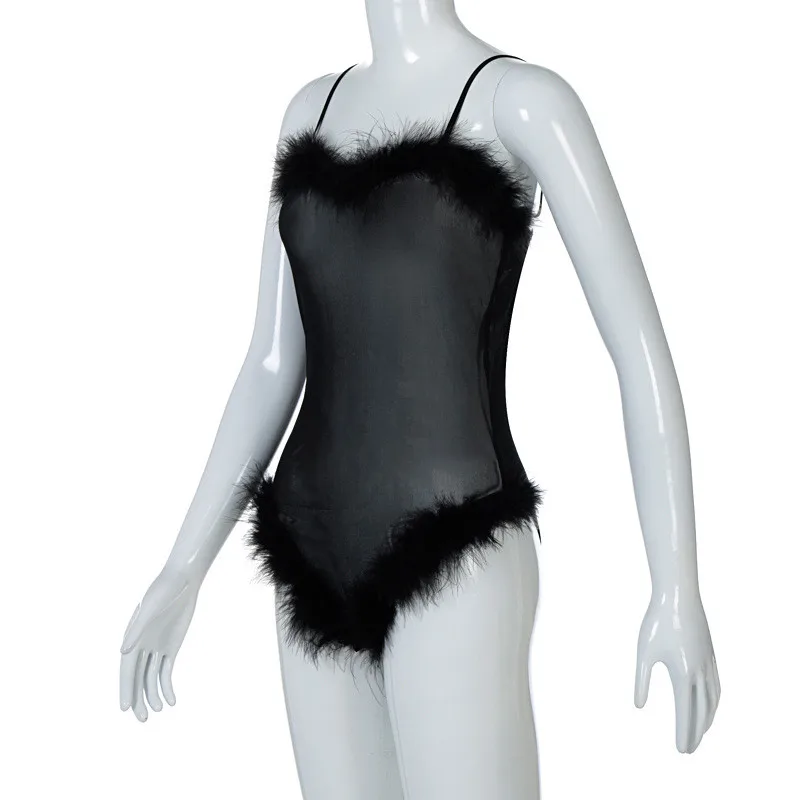 

2021 Sexy Feathers Patchwork Mesh Sheer Bodysuits Rompers Women Jumpsuits Spring Skinny Wild Strap Tops Female Casual Overalls