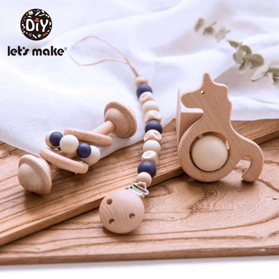 Let's Make 3pc/set Baby Pacifier Chain Holder Foer Nipples Beech Wood Baby Rattle Crib Mobiles Stroller Accessories Baby Toys