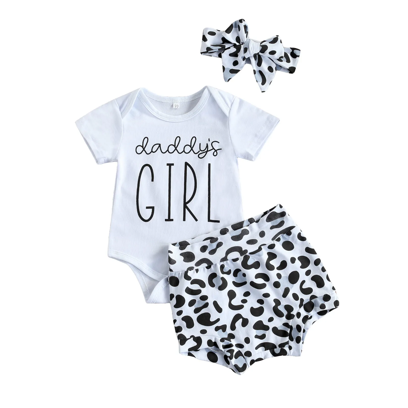 

0-18M Infant Baby Clothing DADDY GILR Letter Print Short Sleeve Romper Top+Leopard Print High Waist Shorts+Headband Summer