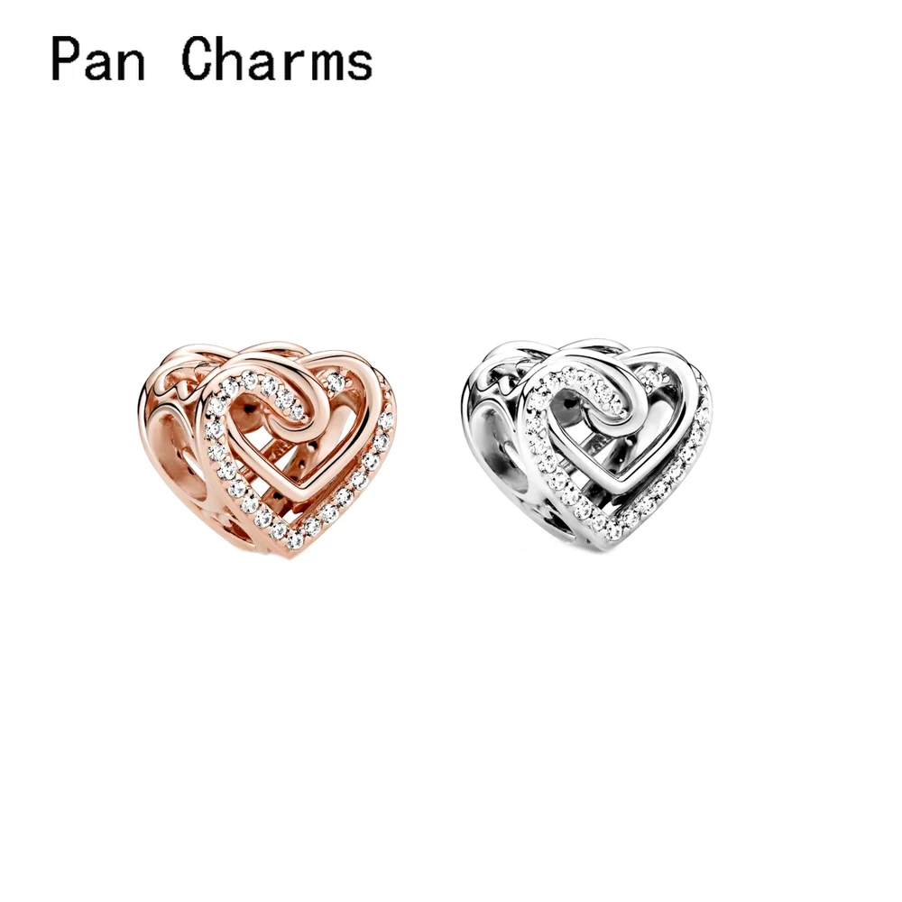 

Fits Original Bracelet 30% Silver Sparkling Entwined Hearts Charms Clear CZ Beads DIY Jewelry Making Berloque 2022