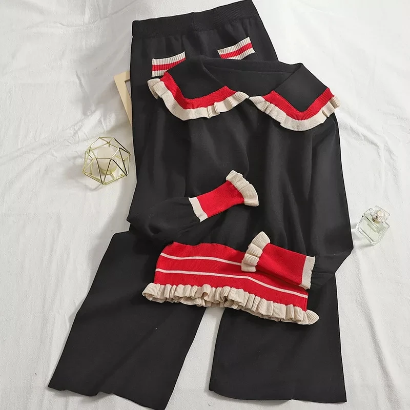 

Elegant Knit Lace Doll Collar Suits Korean Patchwork Outfit Knitwear Pullover Sweater Wide Leg Pant Tracksuit Fashi 2 Piece Sets