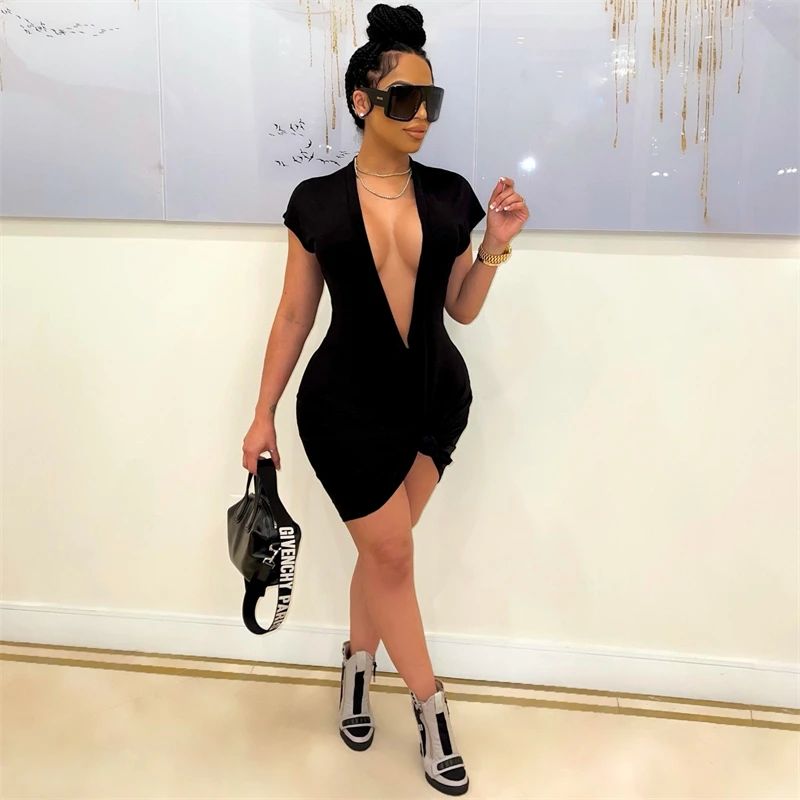 

Adogirl Women Solid Deep V Neck Short Sleeve Mini Dress Sexy Summer T-Shirt Club Wear Outdoor Streetwear Female Vestidos