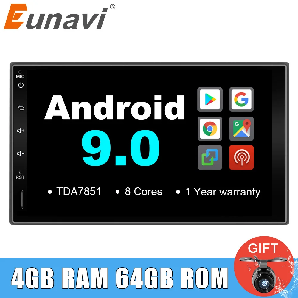 Eunavi 2 din универсальный android 9.0 автомобильный радиоприемник gps навигация 8 CORE стерео