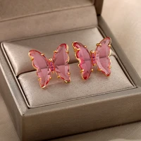 crystal butterfly pendant earrings for women pink transparent glass insect zircon decorative stud earring jewelry party gifts