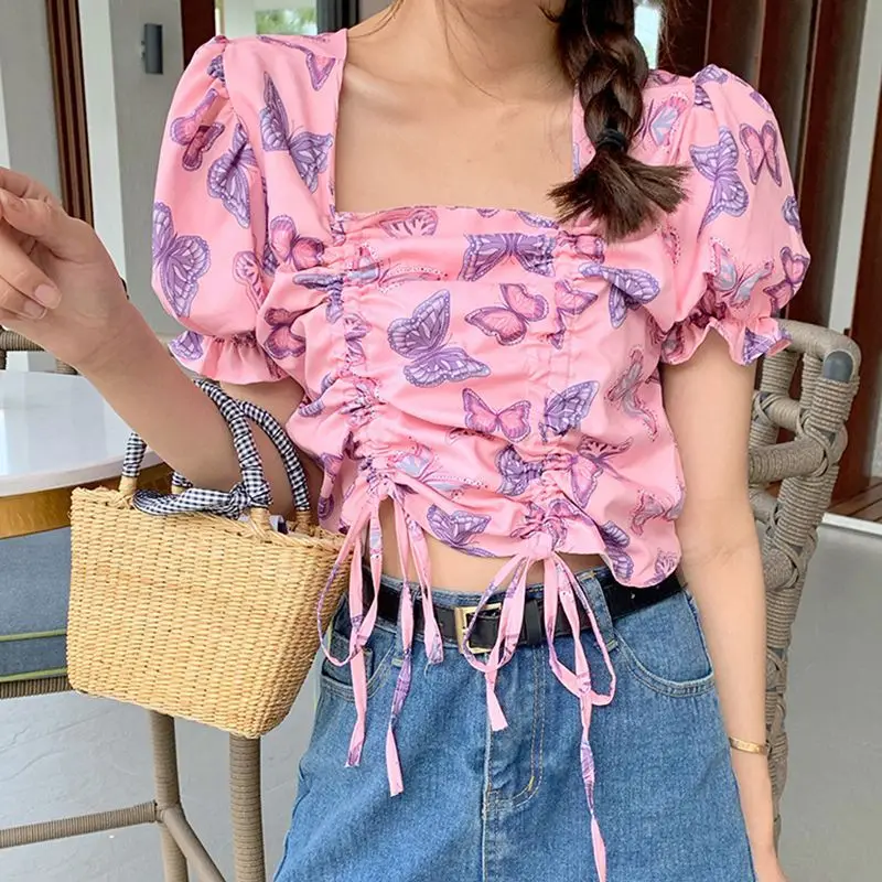 

Women Crop Tops Beach Vacation Butterfly Print Drawstring Chiffon Blouse 2020 Summer Ruffles Short Sleeve Shirt