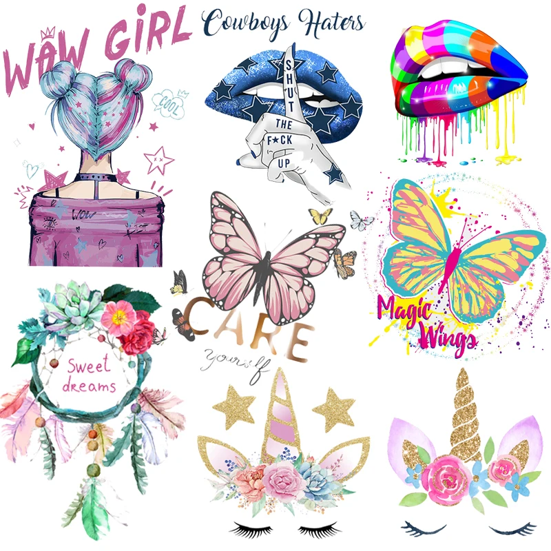 

Pulaqi Unicorn Patches Iron On Transfer Patches For Clothes DIY Lips Heat Transfer Butterfly Stickers On Clothes Applique