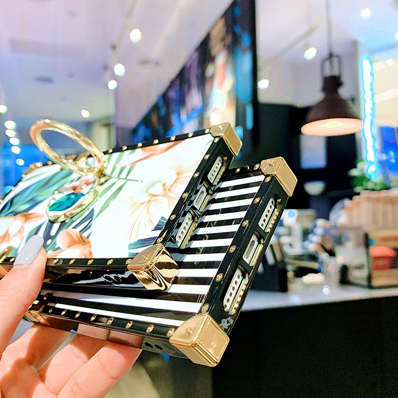 

Fashion Flower Banana Leaf Square Phone Case For iphone 12Pro MAX 11 XS MAX 6 7 8Plus Blu-ray Lip Marble Holder Stand Soft Cover