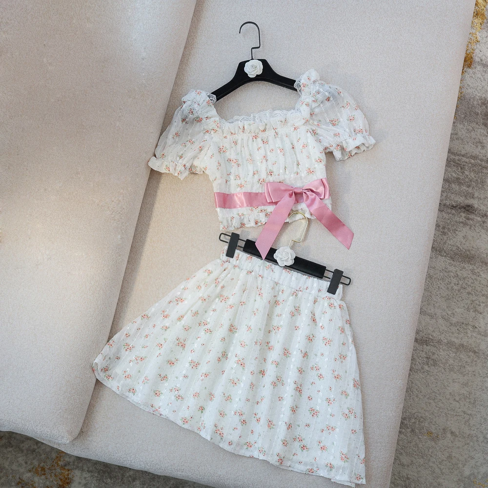 

HIGH QUALITY Newest 2021 Summer Fashion Lace Ruffles Tops Blouse Mini Skirt Set