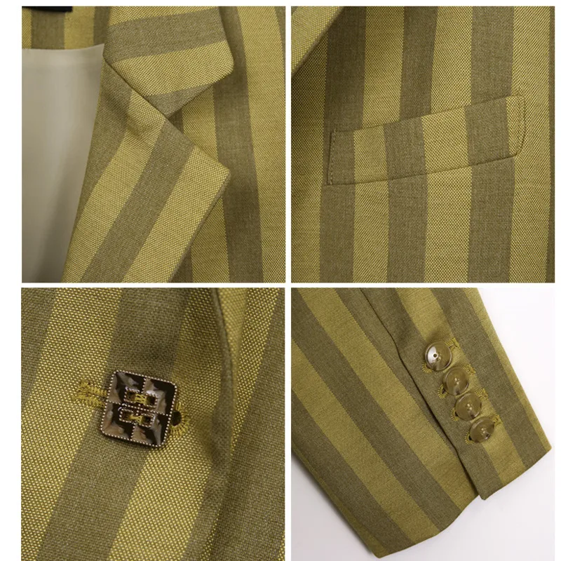 

Autumn 2021 Fashion Yellow Striped Notched Blazer Loose Single Breasted Long Sleeve Suit Jacket Coat Female Streetwear Outwear