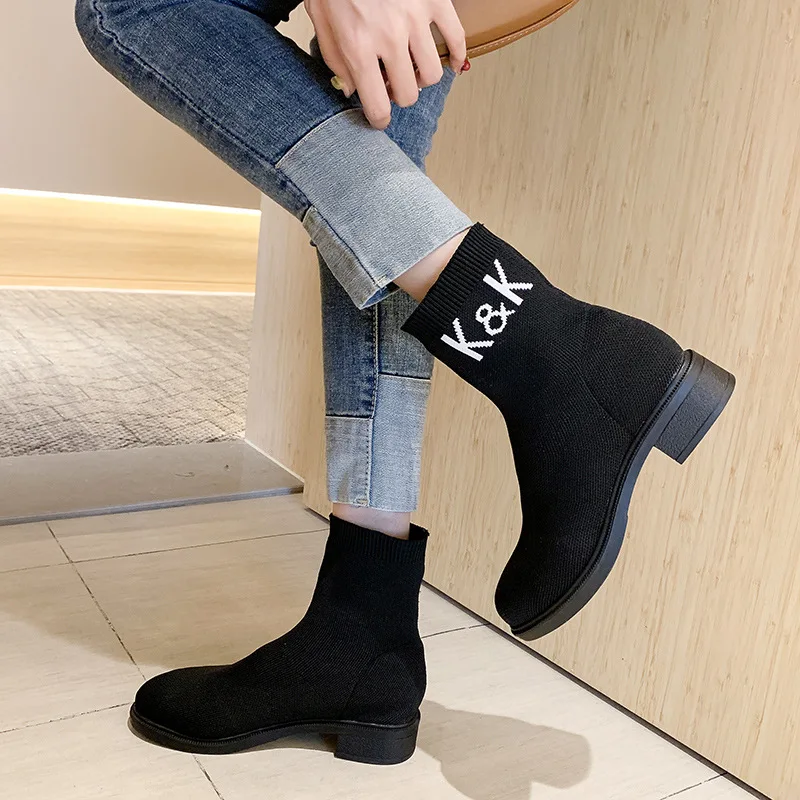 Женские вязаные эластичные осенние ботильоны на среднем квадратном каблуке