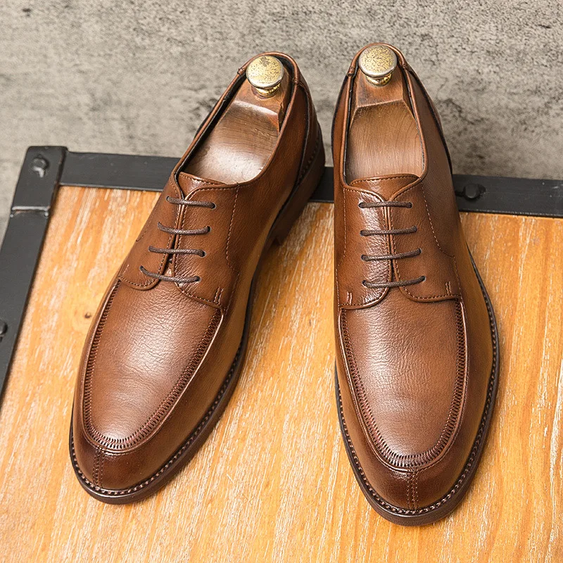 

Autumn Youth Casual PU Leather Shoes Men British Style Round Toe Square Heel Comfortable Business Formal Wear Trendy Shoes YX092