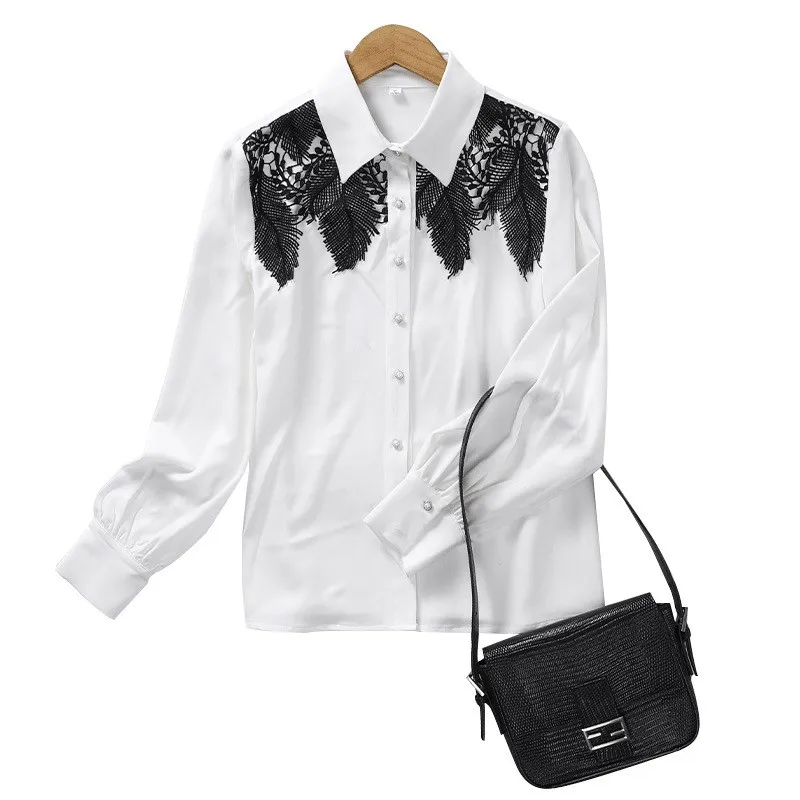 

Korean Chiffon Blouse Women Spring Fashion Lace Patchwork Turn-down Collar Long Sleeve Office Wear Lady Shirts Plus Size Tops