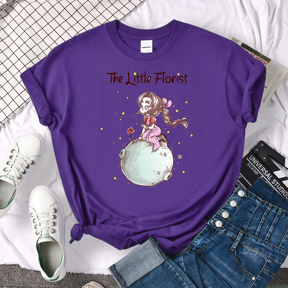 

Girl The Little Florist Printed Womens T-Shirt Oversized Crewneck T Shirts Simplicity Tops Loose Breathable Tops Tshirt Women'S