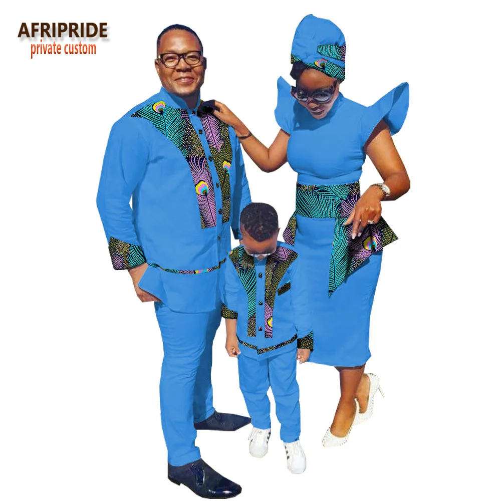 Семейная одежда с принтом в африканском стиле AFRIPRIDE, мужской костюм+ женское платье до середины икры с платьем и шарфом+ костюм для мальчиков Семейный комплект, A18F001