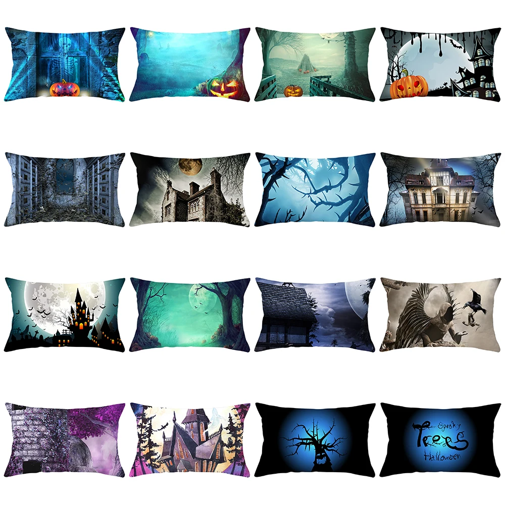 

Halloween Night Pillow Case Sofa Bed Home Decor Horror Old Castle Pumpkin Throw Pillow Covers Big Moon Festival Cushion Cover