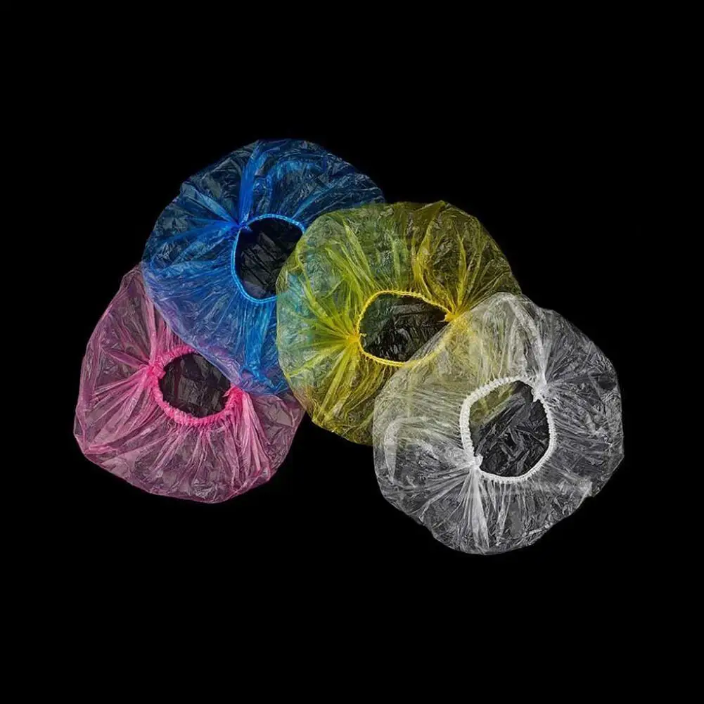 

100 Pcs Waterproof Plastic Disposable Shower Caps Barbershop Hotel Beauty Salon Hair Dressing Dyeing One-Off Elastic Bath Caps