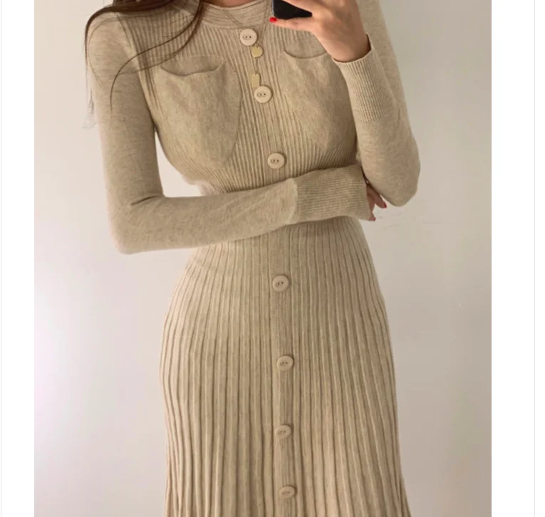 

DF Elegant Mid-length Long-sleeved Pleated Knitted Dress 2021 Female Autumn Winter Buttons Bottoming Skirt Slim Sweater