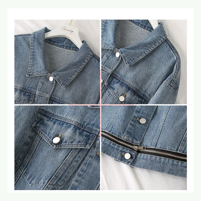

Women's Jeans Jackets Spring Autumn Blue Casual Denim Loose Turn-down Collar Long Sleeve Pocket Zipper Singe Breasted Coats 5XL