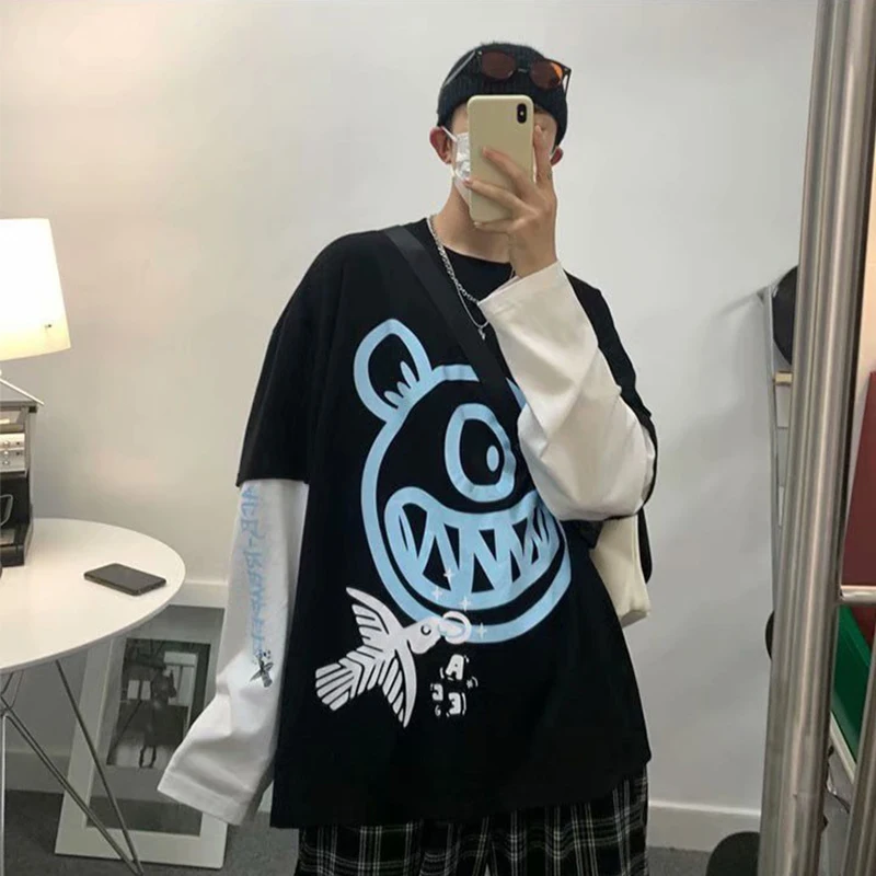 

Funny Creative Print Goth Style Long Sleeve Men T Shirts Fake Two Fashion 2022 Spring Autumn Trend Harajuku Oversized Clothing
